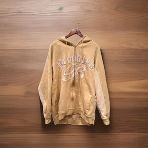 Brooklyn 70 Express Hoodie Men XXL Cream 3D Logo Y2K Streetwear Vintage NYC